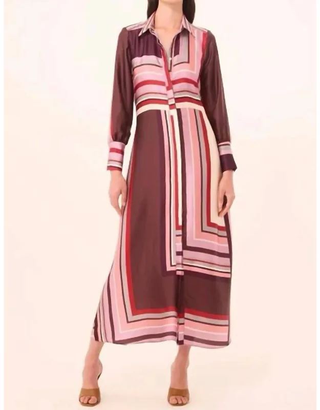 Herminia Midi Dress In Geo Stripe With Slit Pockets And Button Cuffs