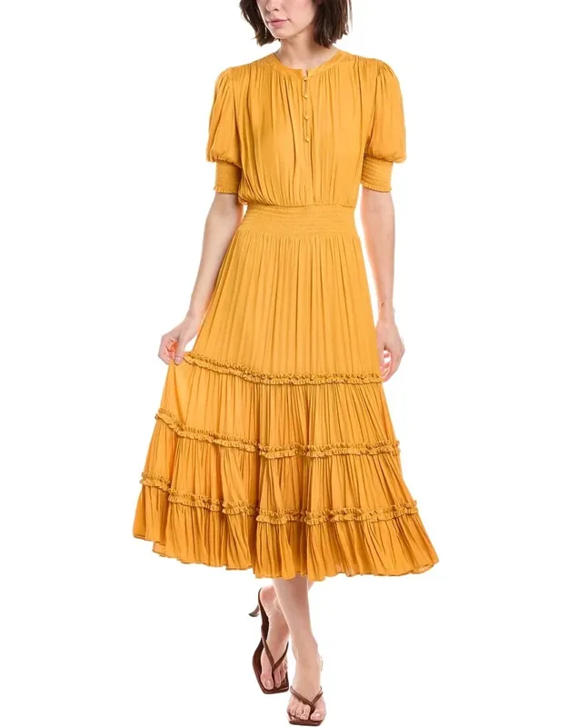 Elbow Sleeve Split Neck Tiered Midi Dress