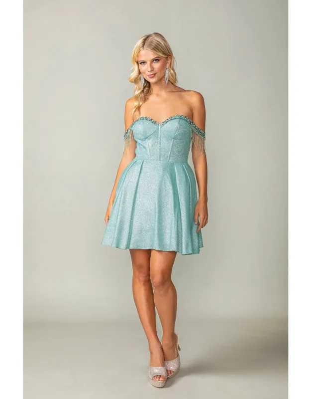 Glittered Short Dress With Off-the-shoulder Sheer Beaded Sleeves And Corset Back