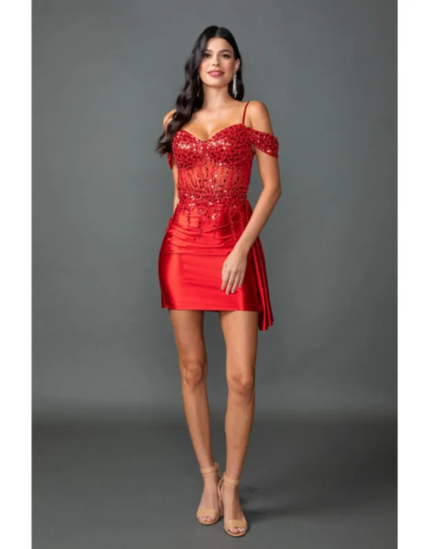 Off-shoulder Sequin Embellished Dress With Ruched Skirt And Side Draped Detail