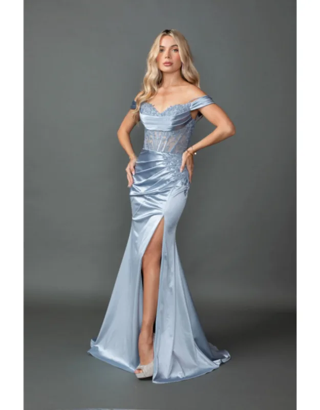 Off-the-shoulder Satin Prom Dress With Lace Corset Bodice, Spaghetti Straps, And Ruched Side Slit Skirt