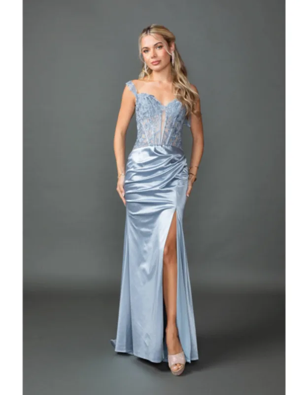 Off-the-shoulder Satin Prom Dress With Lace Corset Bodice And Ruched Side Slit Skirt
