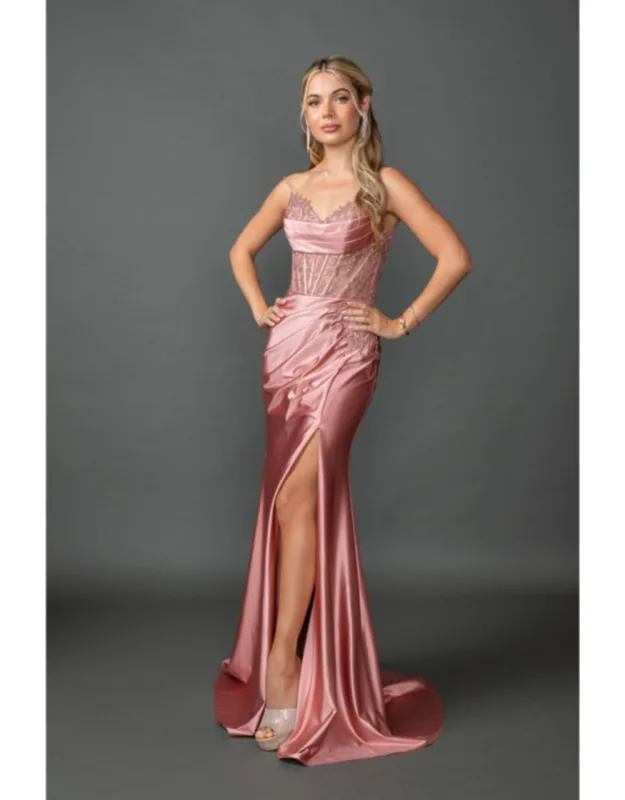 Off-the-shoulder Satin Prom Dress With Lace Corset Bodice, Spaghetti Straps, And Ruched Side Slit Skirt