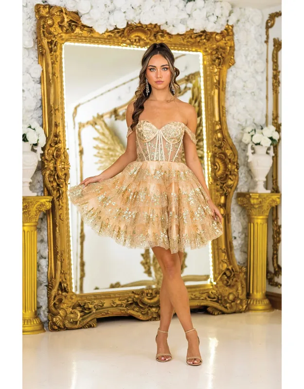 Off-the-shoulder Dress With Corset Bodice And Floral Embellishments