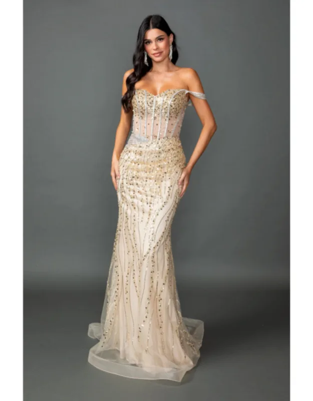 Sweetheart Off-shoulder Beaded Illusion Corset Fitted Mermaid Dress