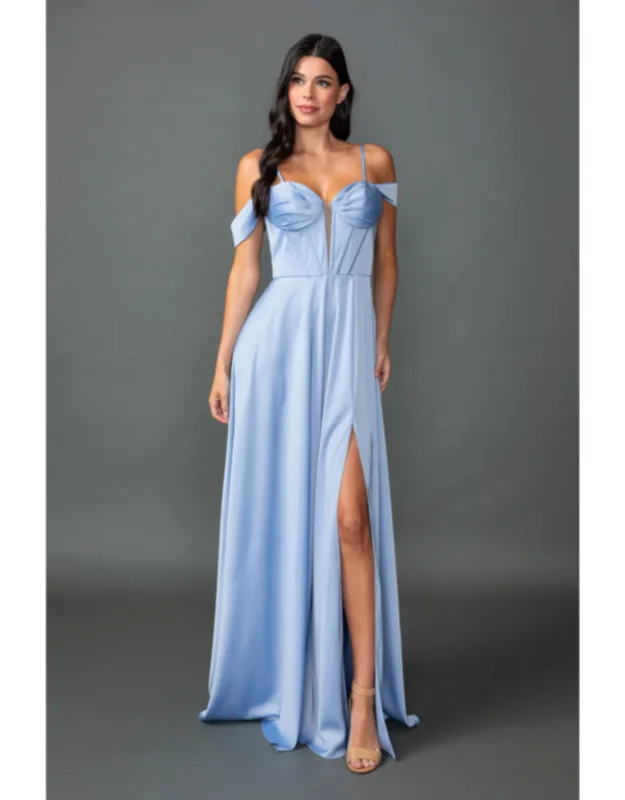 Off-the-shoulder Satin Prom Dress With Sweetheart Neckline, Spaghetti Straps, And Front Slit Skirt