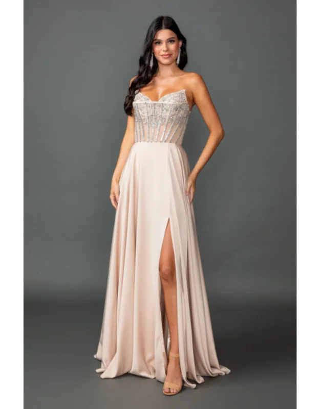 Sweetheart Neckline Illusion Corset Bodice Prom Dress With Flowing A-line Skirt And High Slit