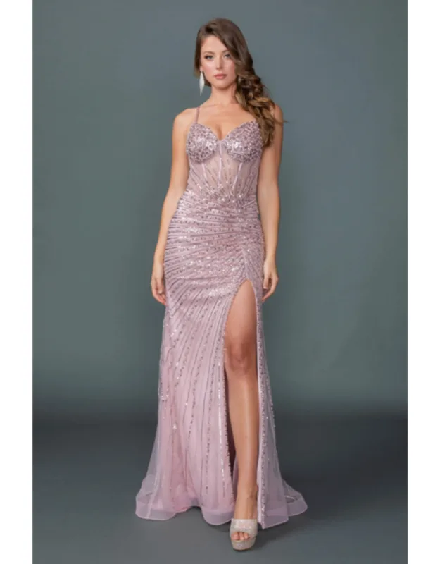 Sweetheart Illusion Corset Bodice Spaghetti Strap Fitted Silhouette Gown With Beaded Sequin Embellishments, Ruched Detail, And High Slit Prom Dress