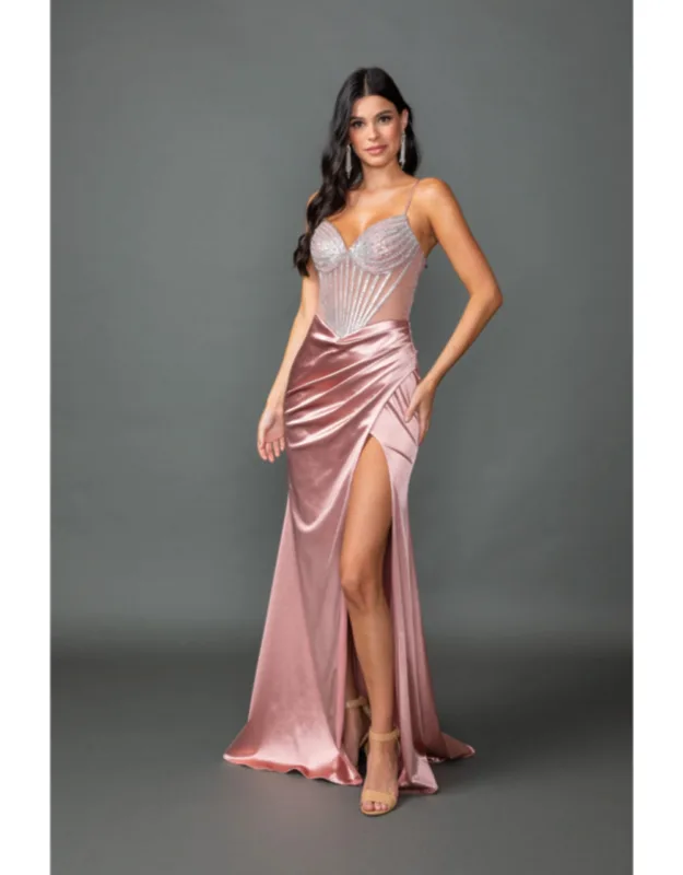 Beaded Satin Prom Dress With Sheer Corset Bodice, Spaghetti Straps, And Ruched Side Slit Skirt