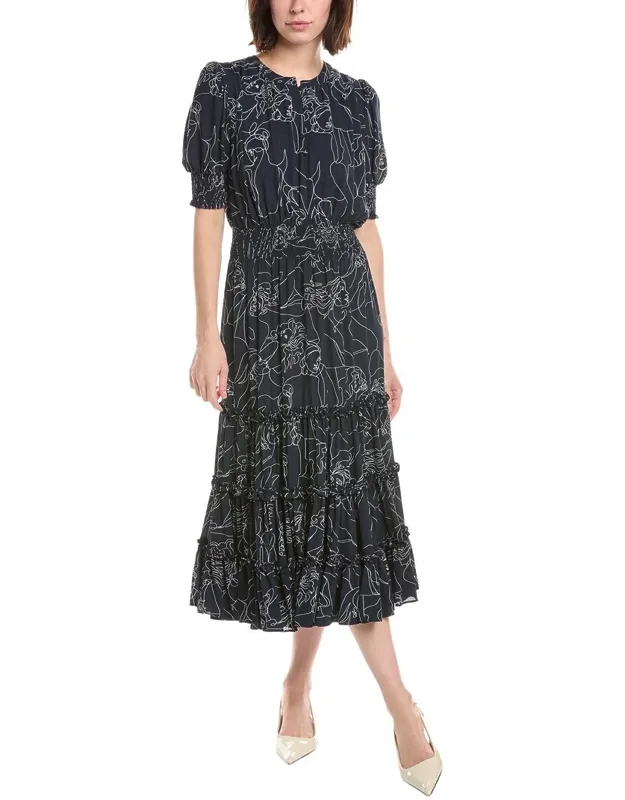 Elbow Sleeve Split Neck Tiered Dress