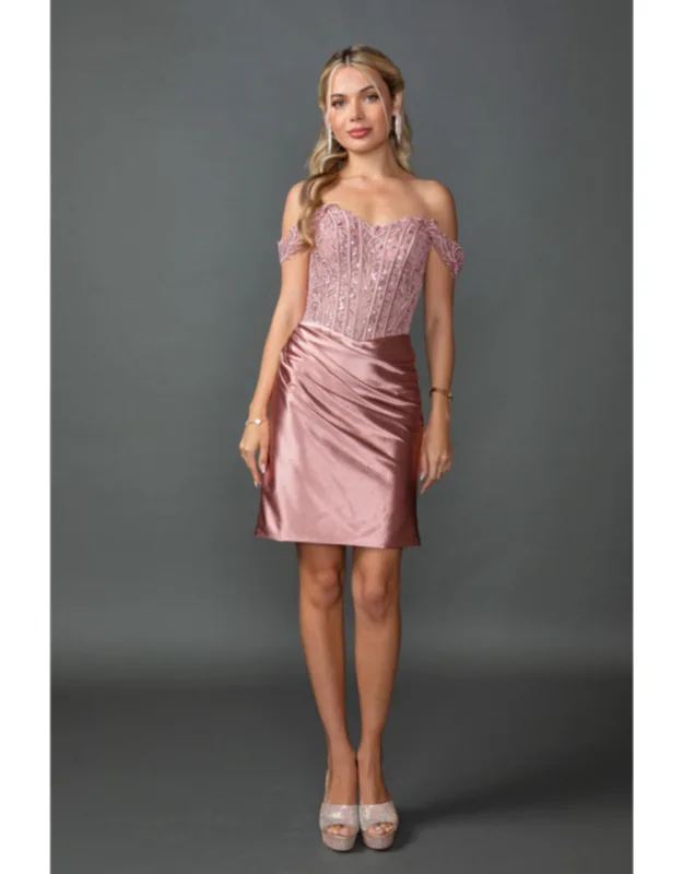 Off-shoulder Beaded Corset Dress With Ruched Satin Skirt