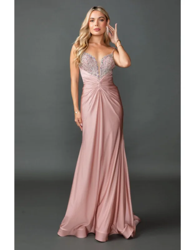 Beaded Prom Dress With Plunging V-neckline, Spaghetti Straps, And Ruched Fitted Skirt.