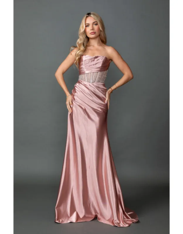 Strapless Straight Neck Satin Draped Gown With Beaded Illusion Waist And Floor-length Skirt