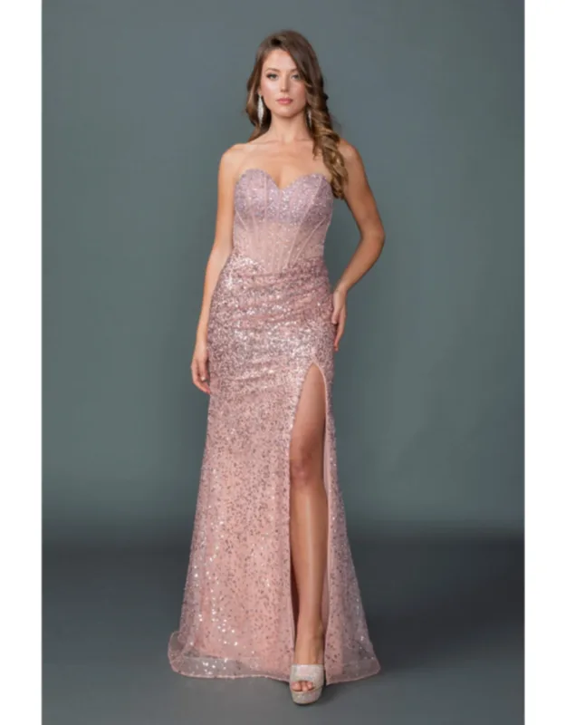 Strapless Prom Dress With Sequin Embellished Bodice, Sheer Panels, High Slit, And Elegant Flowing Skirt.