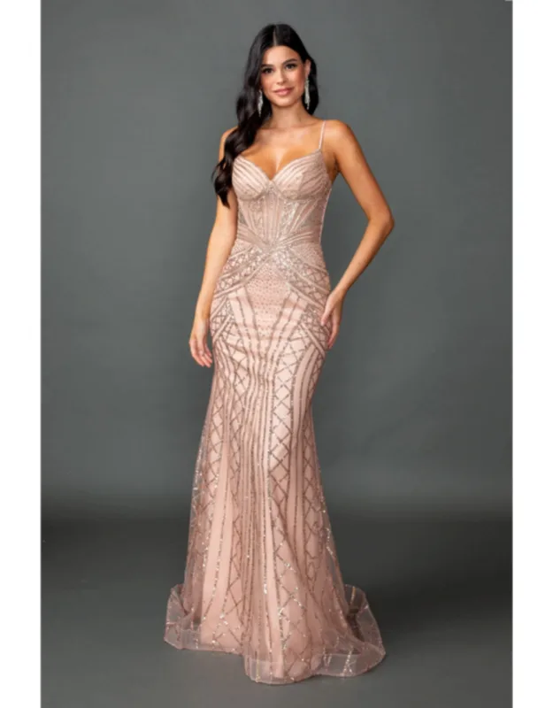 Spaghetti Strap Beaded Prom Dress With Sheer Corset Bodice, Sweetheart Neckline, And Fitted Mermaid Silhouette