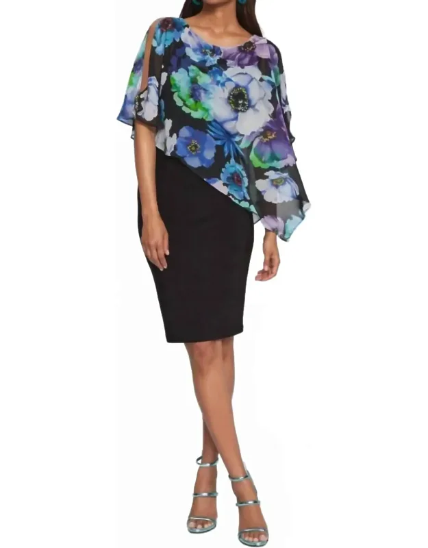 Floral Chiffon Overlay Slit Sleeve Sheath Dress