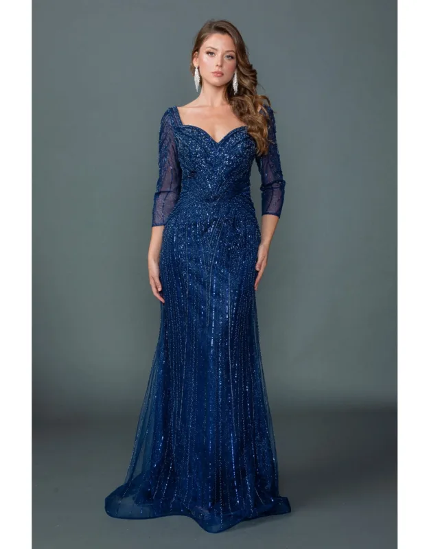 Off-shoulder Illusion Sleeve Embellished Fitted Prom Dress With Sheer Beaded Overlay And Sweep Train