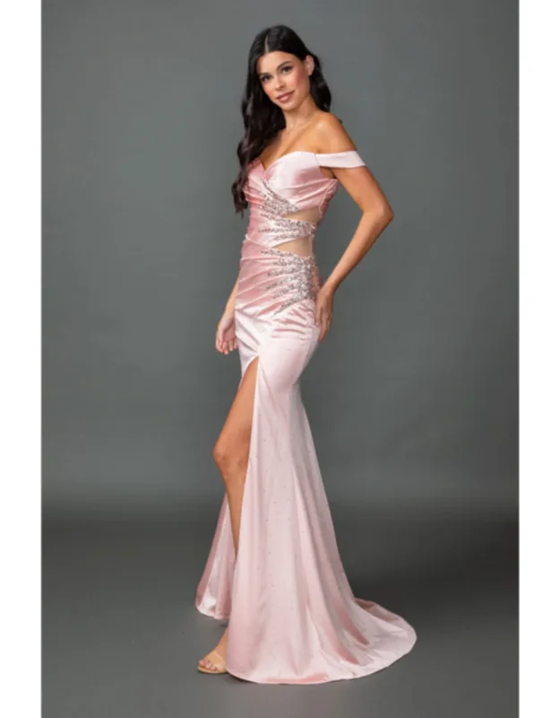 Off-shoulder Cutout Embellished Fitted Mermaid Prom Dress With High Slit And Sweep Train