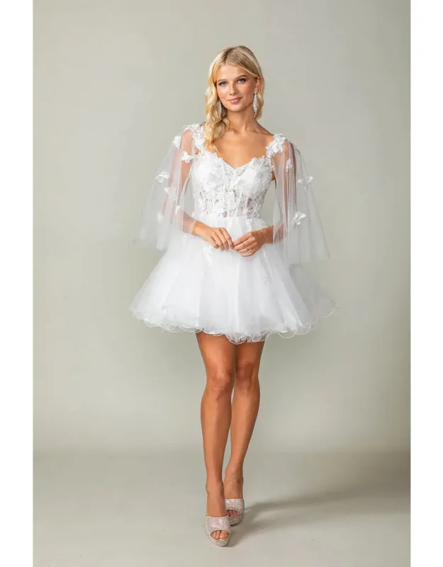Floral Applique Sheer Sleeve Dress With Beaded Detailing And Tulle Skirt
