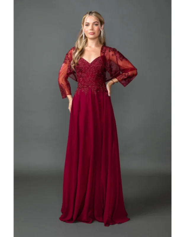 Sweetheart Chiffon Prom Dress With Embroidered Bodice, Sheer Three-quarter Sleeves, And Matching Bolero Jacket