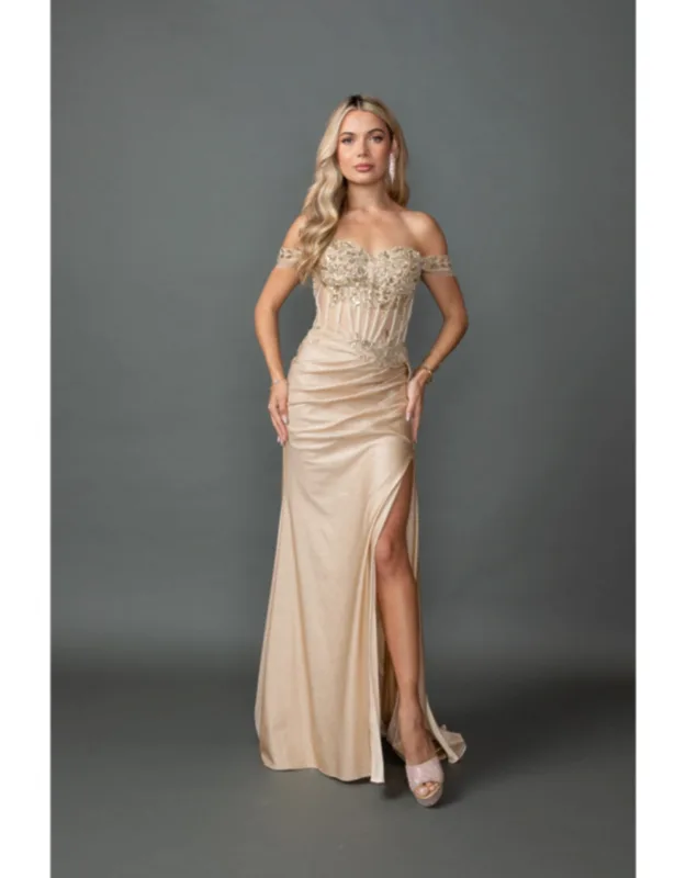 Off-the-shoulder Glitter Prom Dress With Embroidered Corset Bodice And Ruched Side Slit Skirt