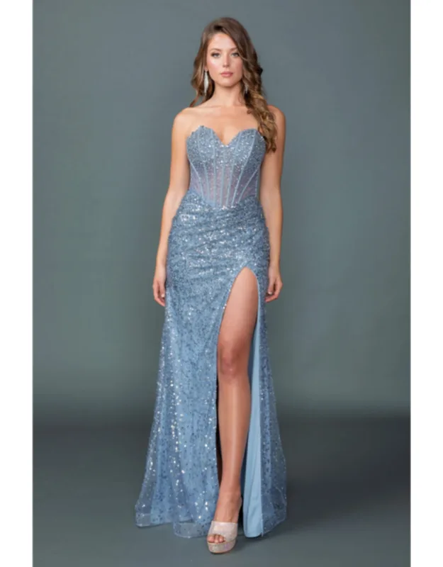 Strapless Prom Dress With Sequin Embellished Bodice, Sheer Panels, High Slit, And Elegant Flowing Skirt.