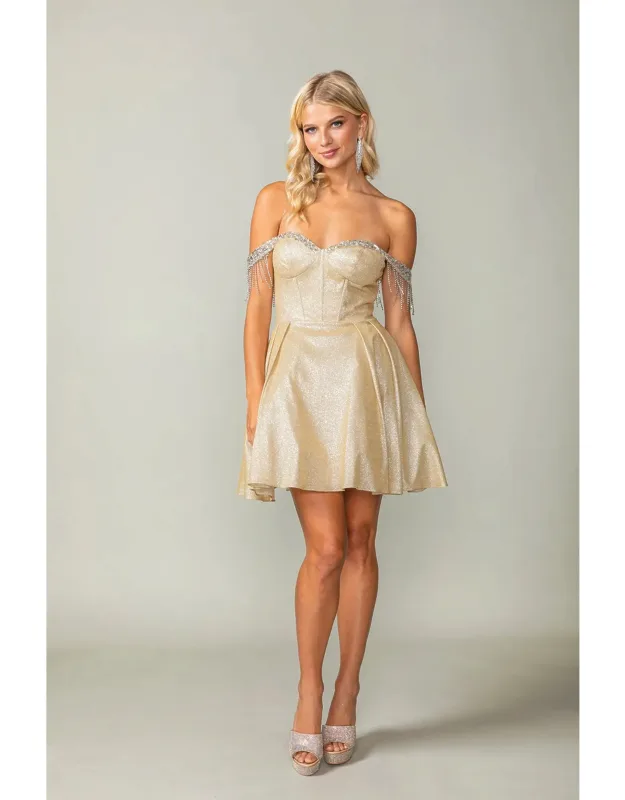 Glittered Short Dress With Off-the-shoulder Sheer Beaded Sleeves And Corset Back Homecoming Dress