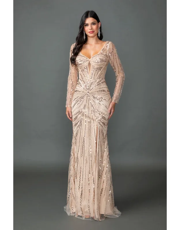 Sweetheart Illusion Corset Dress With Sheer Long Sleeves, Sequin Embellishments, And High Slit Fitted Silhouette