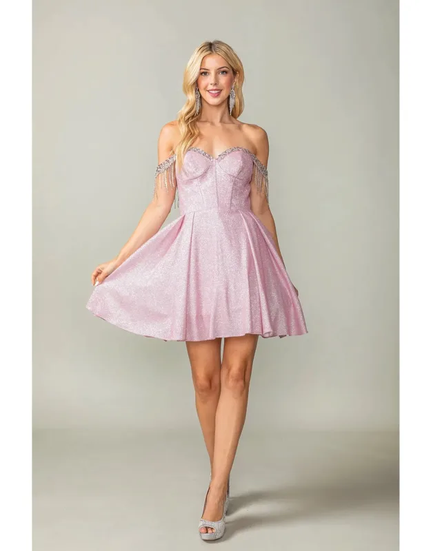 Glittered Short Dress With Off-the-shoulder Sheer Beaded Sleeves And Corset Back Homecoming Dress