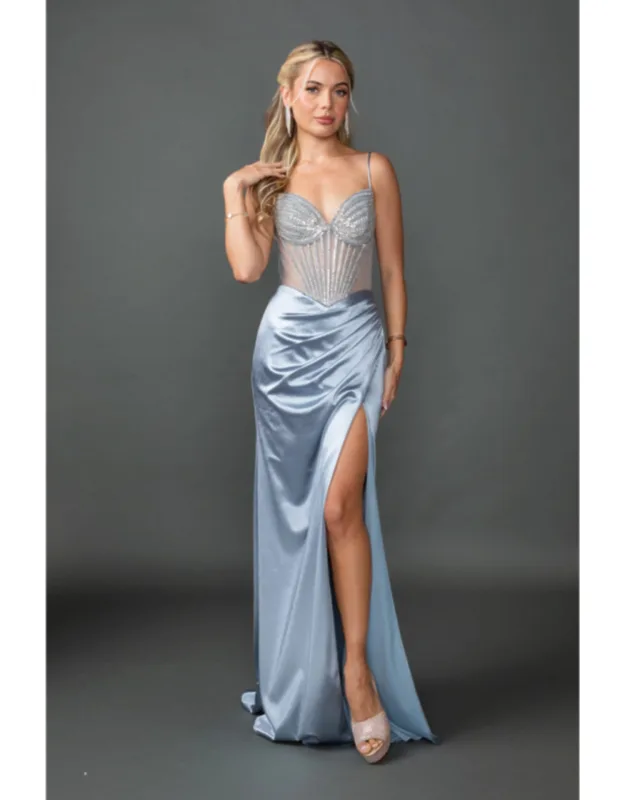 Beaded Satin Prom Dress With Sheer Corset Bodice, Spaghetti Straps, And Ruched Side Slit Skirt