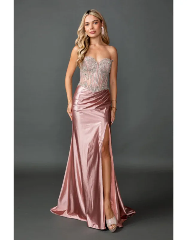 Strapless Embellished Corset Bodice Satin Prom Dress With Draped Waist And High Slit Floor-length Silhouette