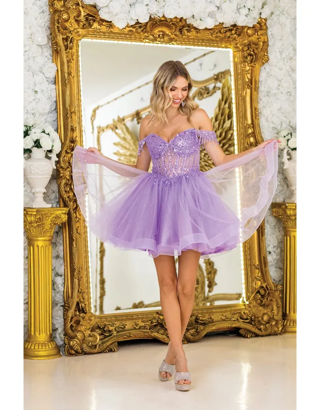 Sequin-embellished Dress With Off-shoulder Straps, Sheer Corset Details, And Layered Tulle Skirt