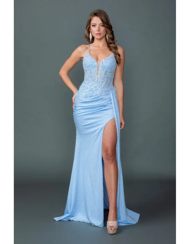 Beaded Glitter Prom Dress With Sheer Corset Bodice, Spaghetti Straps, And Ruched Side Slit Skirt
