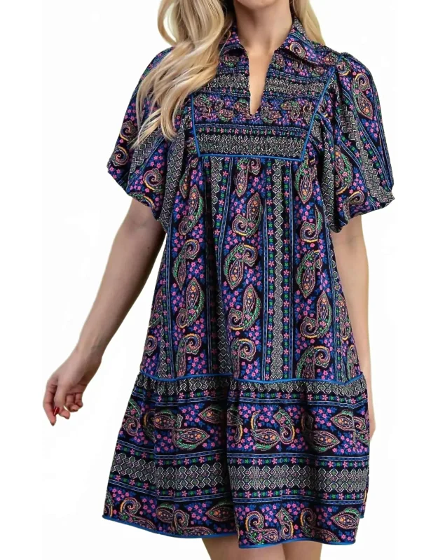 Mixed Paisley Print Dress With A Smocked Front Yoke