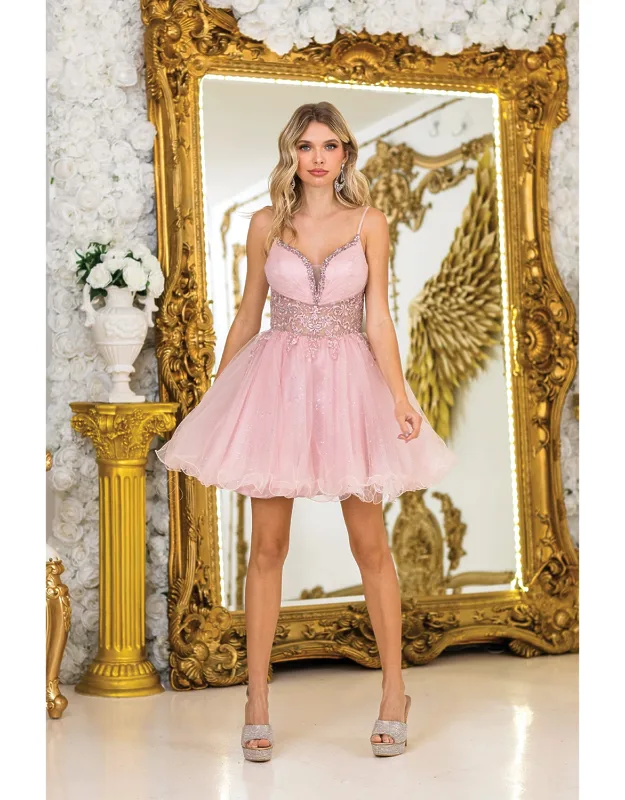 Dress With Spaghetti Straps, Sheer Corset Bodice, Beaded Applique Detailing, And Sparkling Tulle Skirt