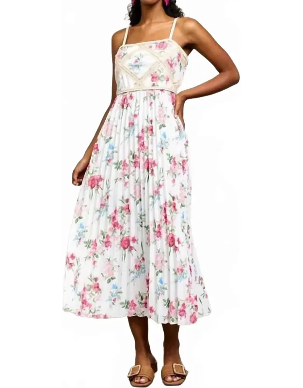 Printed Crochet Patch Pleated Midi Dress