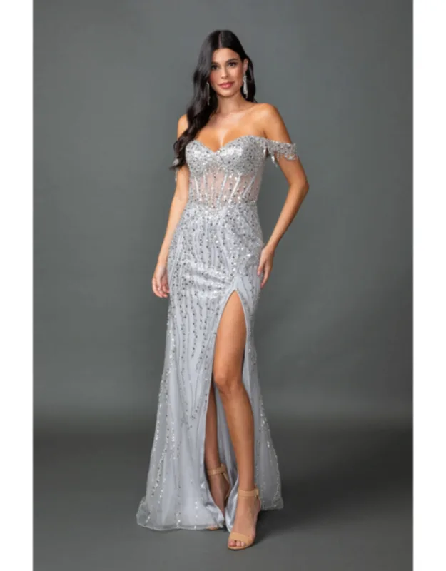 Beaded Off-the-shoulder Mermaid Gown With Sheer Bodice And Sequin Detailing