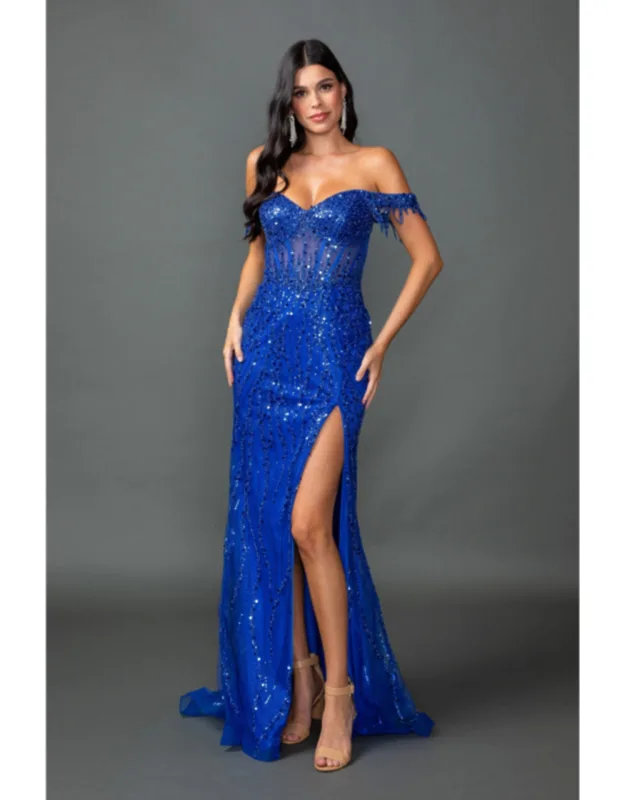 Beaded Off-the-shoulder Mermaid Gown With Sheer Bodice And Sequin Detailing