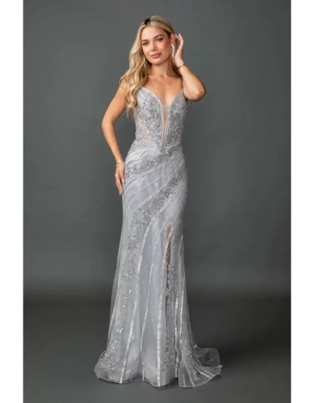 Illusion Corset Beaded Fitted Prom Dress With High Slit