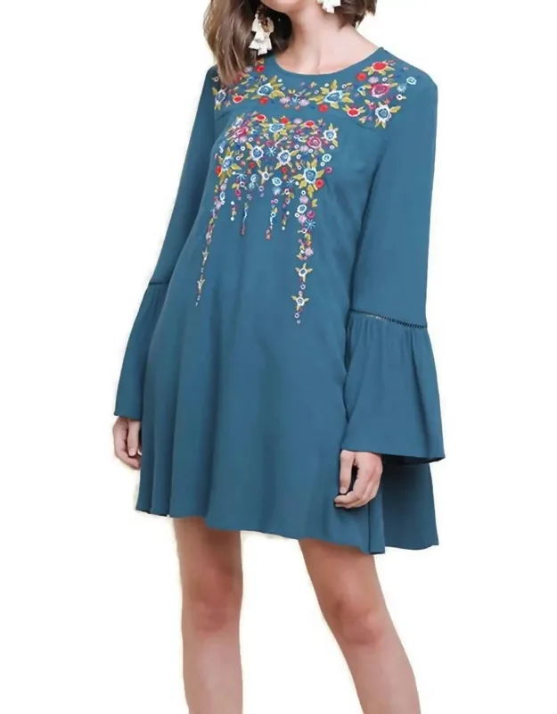 Floral Embroidered Bell Sleeve Mini Dress