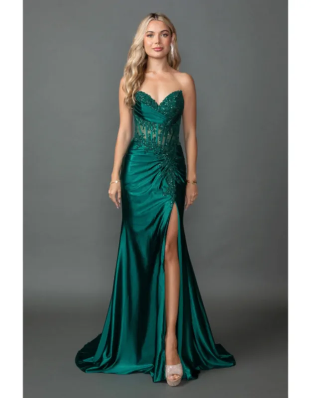 Strapless Satin Prom Dress With Embroidered Corset Bodice And Ruched Side Slit Skirt