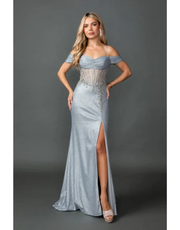 Off-shoulder Sweetheart Neckline Sheer Corset Bodice Beaded Embellishment Fitted Silhouette High Slit Floor-length Prom Dress