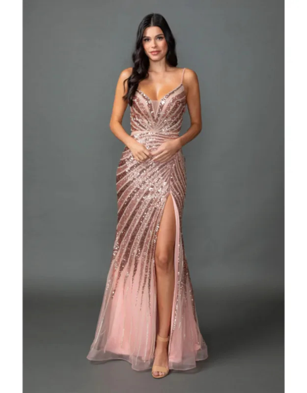 Sequin Prom Dress With V-neckline, Spaghetti Straps, And Front Slit Skirt
