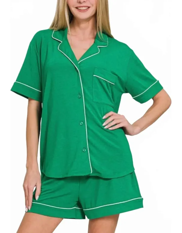 Button Down Short Sleeve Top And Shorts Lounge Set