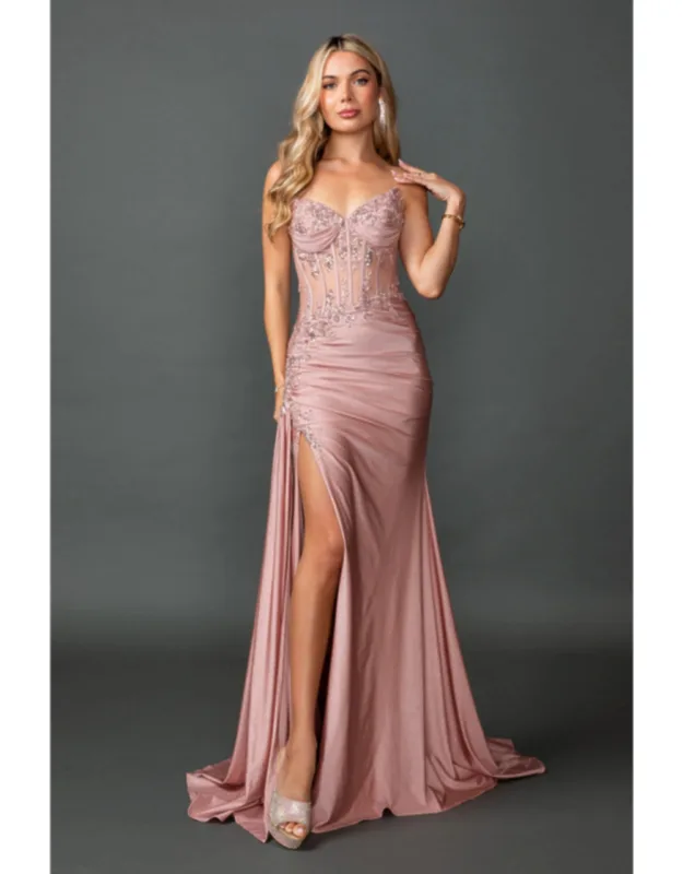 Embellished Sheer Corset Prom Dress With Ruched Detailing And High Leg Slit