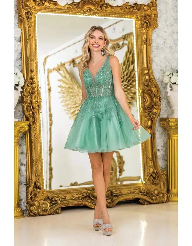 Embroidered Lace Bodice Homecoming Dress With Tulle Skirt