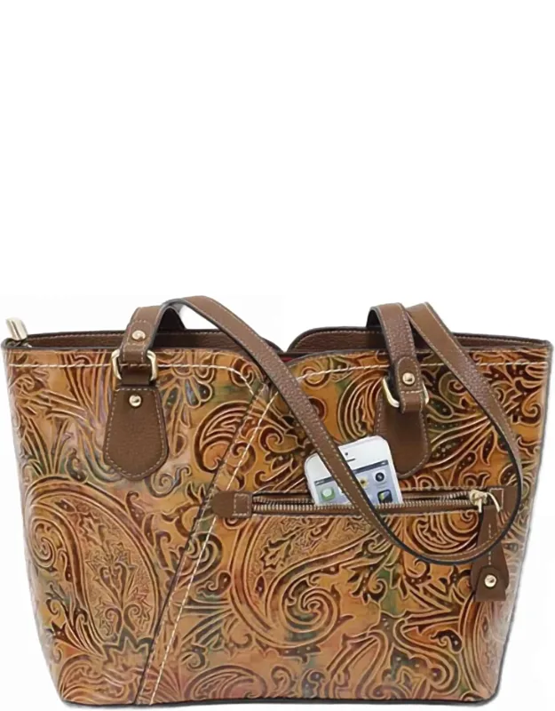 Paisley Embossed Leather Tote Bag
