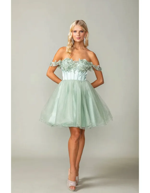 Tulle Dress With Ruffled Off-the-shoulder Sleeves And Lace-up Corset Back
