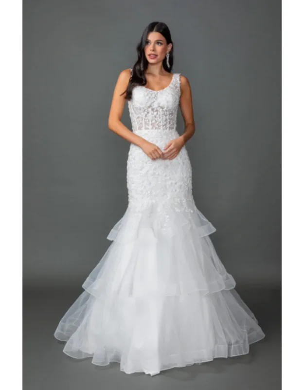 Sleeveless Lace Applique Wedding Gown With Sheer Bodice And Tiered Mermaid Skirt