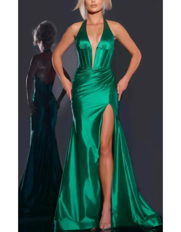 Halter Satin Gown With Ruched Wrap Skirt